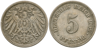 Германия 5 пфеннигов 1909 D, KM 11, J. 12 медно-никель 4608-863