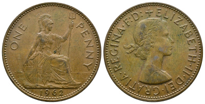 Великобритания 1 пенни 1962 Елизавета II (1952-2022) KM 897, Spink 4157 бронза 89-824