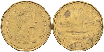 Канада 1 доллар 1989 утка, Елизавета II KM 157 никель плакированный алюминиевой бронзой 63-626