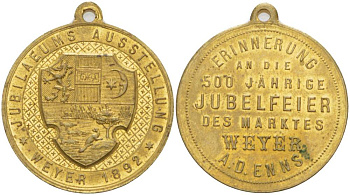 АВСТРИЯ МЕДАЛЬ 1892 В ПАМЯТЬ 500-ЛЕТНЕГО ТОРЖЕСТВА РЫНКА В ВАЙЕРЕ, С КОЛЬЦОМ ДЛЯ НОШЕНИЯ, ДИАМЕТР 30 ММ. жёлтый металл 4527-835