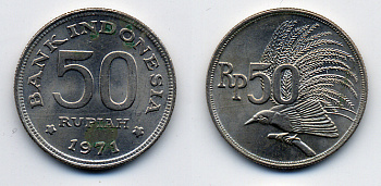 Индонезия 50 рупий 1971 райская птица KM 35 медно-никель UNC 54-1834