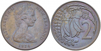 Новая Зеландия 2 цента 1974 Елизавета II (1952-2022), два цветка кохаи KM 32.1 бронза 3851-1055