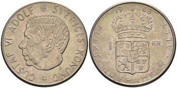Швеция 1 крона 1968 U, Густав VI Адольф (1950-1973) KM 826а медь плакированная медно-никелем 4557-145