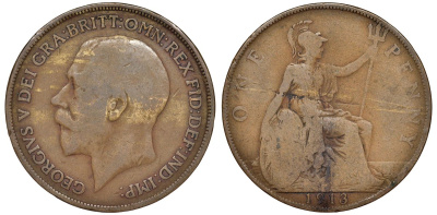 Великобритания 1 пенни 1913 Георг V (1910-1936) KM 810, Spink 4051 бронза 51-2237