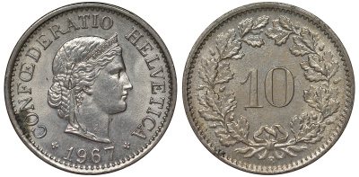 Швейцария 10 раппенов 1967 в KM 27 медно-никель 4128-723