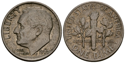 США 10 центов (дайм) 1966 Рузвельт KM 195a медь плакированная медно-никелем 4164-928