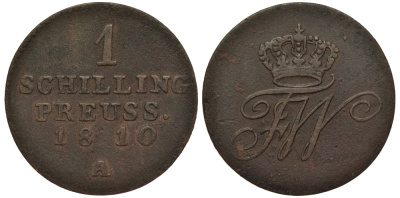 Польша, Восточная Пруссия 1 шиллинг 1810 А, Фридрих Вильгельм III Прусский (1797-1840), вес 2,25 гр. KM 54, Jaeger 18, AKS 45. медь 1516-1114