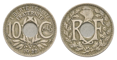 Франция 10 сантимов 1922 KM 866a медно-никель 4174-422
