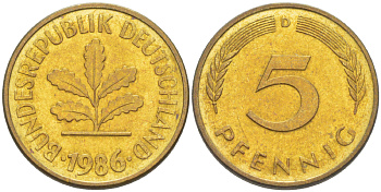 ФРГ 5 ПФЕННИГОВ 1986 D KM 107, J. 382 сталь плакированная латунью 4181-1024