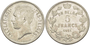 БЕЛЬГИЯ 5 ФРАНКОВ 1931 АЛЬБЕРТ I, DES BELGES KM 97.1 никель 3851-132