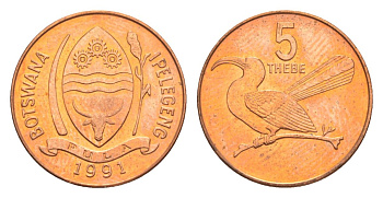 Ботсвана 5 тхебе 1991 Дамарская красноклювая птица-носорог KM 4a сталь плакированная медью UNC 39-1065