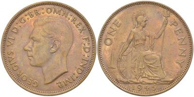 Великобритания 1 пенни 1945 Георг VI (1936-1952) KM 845, Spink 4114 бронза 215-333