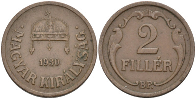 Венгрия 2 филлера 1930 ВР KM 506 бронза 4594-337