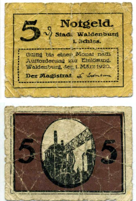 Вальденбург 5 пфеннигов 1920 1 марта 1920, нотгельд, земля Силезия Grabowski W3.18 бумага 2193-19-1-2
