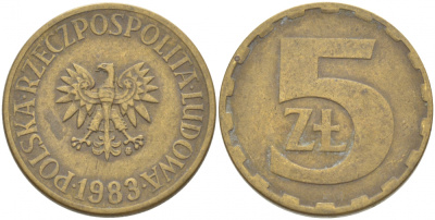 ПОЛЬША 5 ЗЛОТЫХ 1983 MW KM 81.1 латунь VF 3996-751