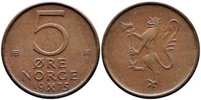 Норвегия 5 эре 1975 Улаф V (1958-1991) KM 415 бронза 4387-817