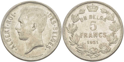 БЕЛЬГИЯ 5 ФРАНКОВ 1931 АЛЬБЕРТ I, DES BELGES KM 97.1 никель 3851-132