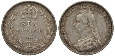 Великобритания 6 пенсов 1889 Виктория (1837-1901) KM 760, Spink 3929 серебро 4538-1214