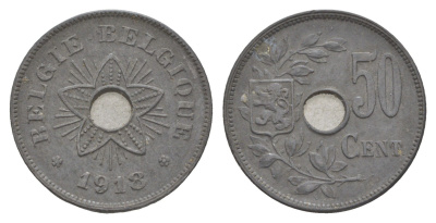 Бельгия 50 сантимов 1918 германская оккупация Первая мировая война, Альберт I (1909-1934) KM 83 цинк 4156-1027