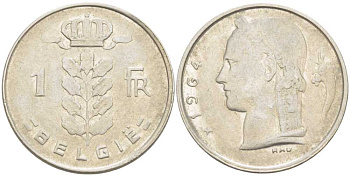 БЕЛЬГИЯ 1 ФРАНК 1964 BELGIE, БОДУЭН I (1951-1993) KM 143.1 медно-никель 213-333