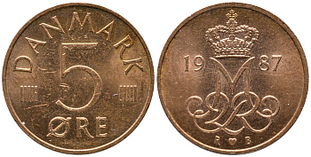 ДАНИЯ 5 ЭРЕ 1987 R; B, МАРГРЕТЕ II (1972-) KM 859.3 железо плакированное медью 4380-135