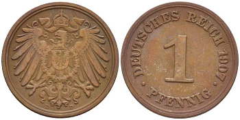ГЕРМАНИЯ 1 ПФЕННИГ 1907 D KM 10, J. 10, Weege 2 медь 211-359