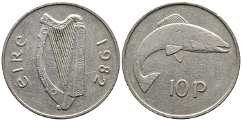 ИРЛАНДИЯ 10 ПЕНСОВ 1982 ЛОСОСЬ KM 23 медно-никель 4110-446