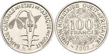 Валютное сообщество стран Западной Африки 100 франков 2002  KM 4 никель  UNC  4595-821