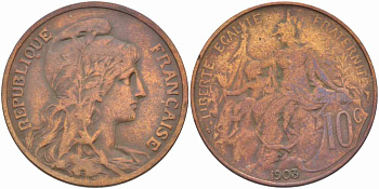 ФРАНЦИЯ 10 САНТИМОВ 1903 ТИП ДАНИЭЛЬ ДЮПЮИ KM 843, LA FRANC 136.13 бронза 109-213