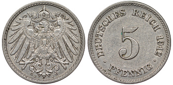 Германия 5 пфеннигов 1912 A, KM 11, J. 12 медно-никель 25-2147