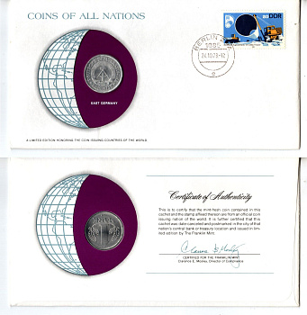 ГДР 1 марка 1978 конверт с маркой первого дня гашения, Coins of Nations KM 35.2 алюминий UNC 4295-15-1