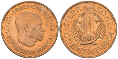 Сьерра-Леоне 1 цент 1964 KM 17 бронза aUNC 4121-1027