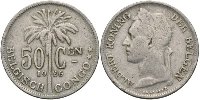 Бельгийское Конго 50 сантимов 1926 пальма KM 22 медно-никель 27-1137