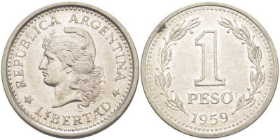 Аргентина 1 песо 1959 голова свободы влево KM 57 сталь плакированная никелем 4514-933