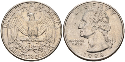 США 25 центов = квотер 1998 P, Вашингтон KM A164a медь плакированная медно-никелем 4592-226