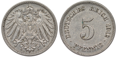 Германия 5 пфеннигов 1912 A, KM 11, J. 12 медно-никель 25-2147