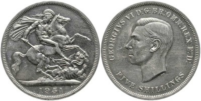 Великобритания 5 шиллингов = 1 крона 1951 Георг VI (1936-1952), фестиваль Британии, Георгий Победоносец KM 880, Spink 4111 медно-никель Prooflike 1518-1011