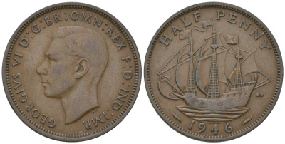 Великобритания 1/2 пенни 1946 Георг VI (1936-1952) KM 844, Spink 4115 бронза 4163-1127