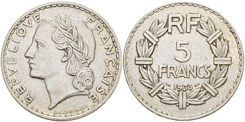 ФРАНЦИЯ 5 ФРАНКОВ 1933 KM 888 никель 215-513