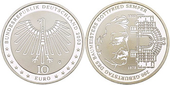 ФРГ 10 евро 2003 G, 200 лет Готфриду Земперу KM 227, DE.S. 10.11 серебро PROOF 1085-5-35