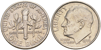 США 10 ЦЕНТОВ = 1 ДАЙМ 1996 P, РУЗВЕЛЬТ KM 195a медь плакированная медно-никелем 188-719