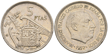 Испания 5 песет 1957 (75) Франциско Франко (1939-1975) KM 786 медно-никель 259-1156