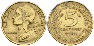 Франция 5 сантимов 1968 тип Марианна KM 933 медь алюминий никель    4152-1219