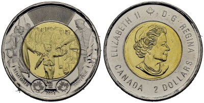 Канада 2 доллара 2014 75 лет с начала второй мировой войны KM 1711 биметалл UNC M4-07