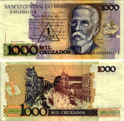 БРАЗИЛИЯ 1 КРУЗАДО НОВЫЙ 1989 НАДПЕЧАТКА НА 1000 КРУЗАДОСЕРИЯ В 0032, НАДПЕЧАТКА НА 1000 КРУЗАДО, МАЧАДО ДЕ АССИС Pick 216b бумага 6281-2-3-2