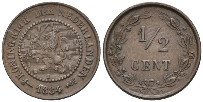 Нидерланды 1/2 цента 1884 Виллем III (1849-1890) KM 109 медь    4115-218