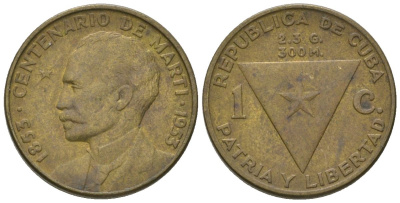 Куба 1 сентаво 1953 100 лет со дня рождения Хосе Марти KM 26, JMA 7, Y 20, Schoen 24 латунь 4611-1213