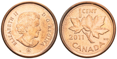 Канада 1 цент 2011 Елизавета II (1952-2022), кленовый лист KM 490a сталь плакированная медью 4609-425