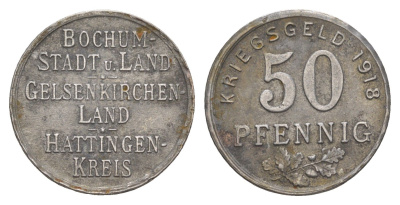 Бохум, Гельзенкирхен, Хаттинген 50 пфеннигов 1918 Funck 49.3, Men05 3022.6, Men18 3860.6 железо 4584-313