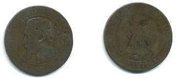 ФРАНЦИЯ 10 САНТИМОВ 1856 BB, НАПОЛЕОН III (1852-1870) KM 771.3, LA FRANC 133.34 бронза 37-333